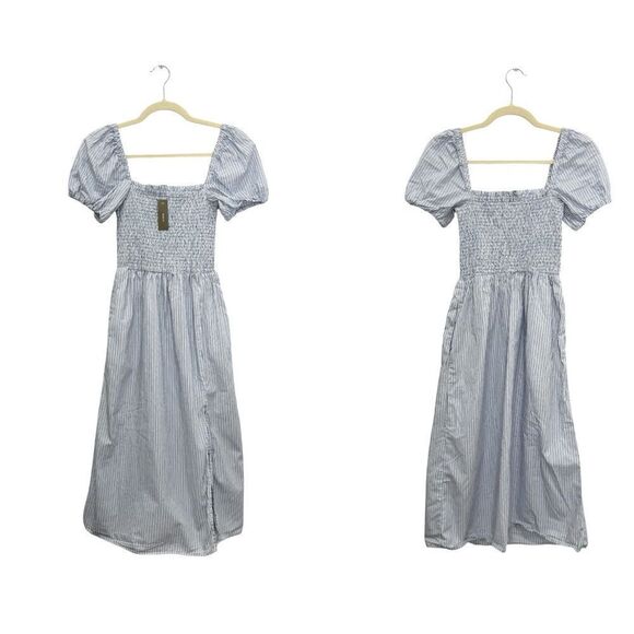NWT J Crew Short Sleeve Smocked Dress in Blue Stripe - Picture 7 of 9